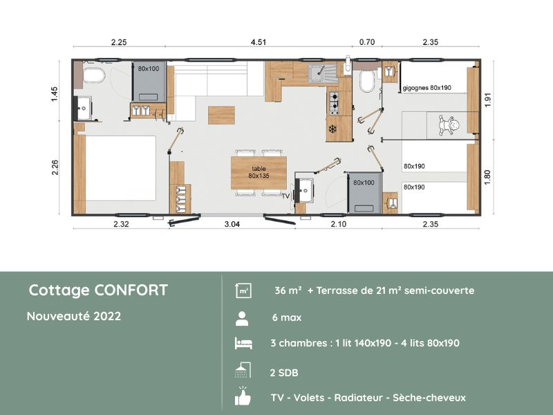 Plan du Cottage CONFORT 3 chambres + 2 salles de bains au Domaine de Mesqueau