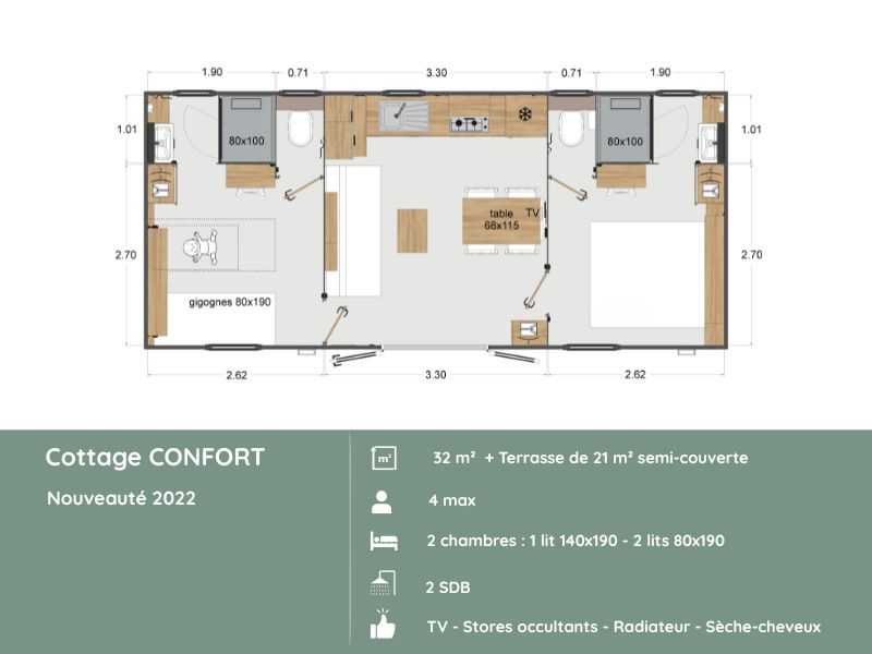 Plan du Cottage CONFORT 2 chambres + 2 salles de bain  au Domaine de Mesqueau 