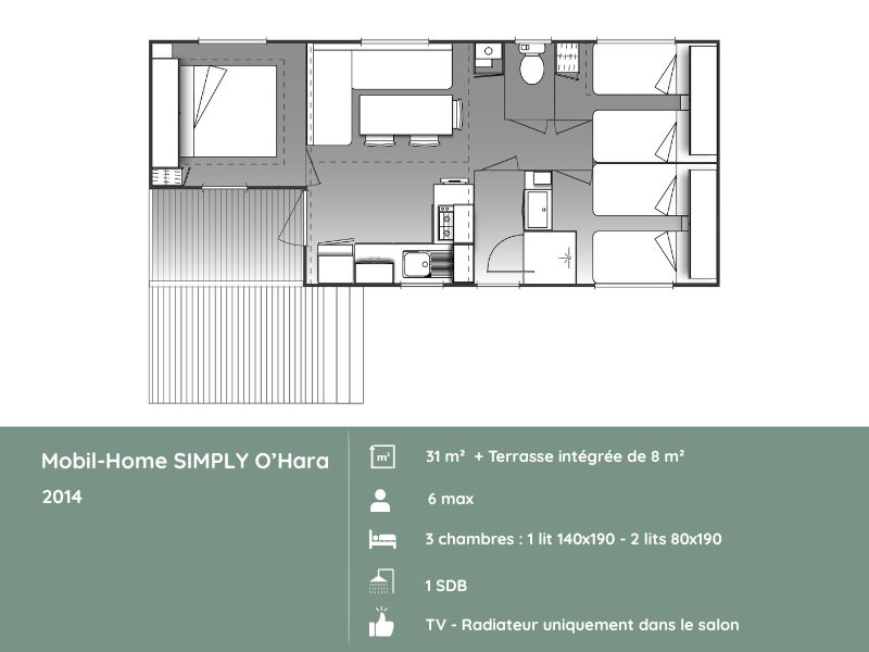Plan du mobil-home SIMPLY O\'Hara 3 chambres au Domaine de Mesqueau 