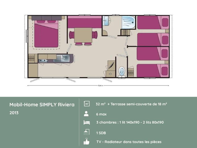 Plan du mobil-home SIMPLY Riviera 3 chambres au Domaine de Mesqueau