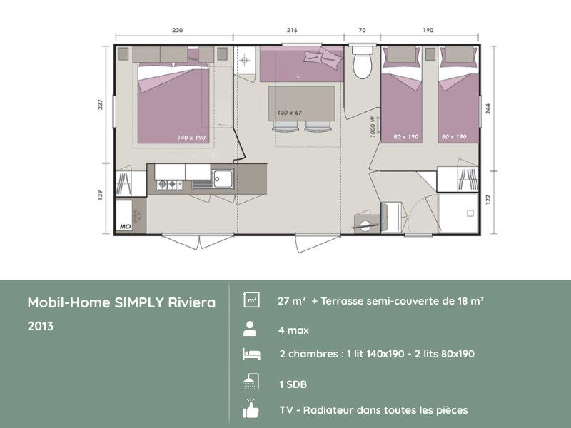 Plan du mobil-home SIMPLY Riviera 2 chambres au Domaine de Mesqueau