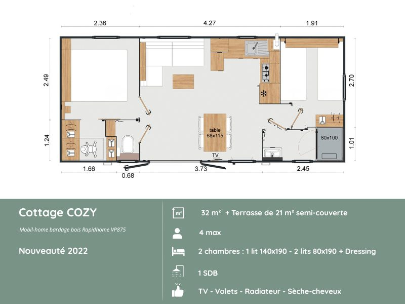 Plan du Cottage COZY au Domaine de Mesqueau, 2 chambres avec dressing pouvant servir d&rsquo;espace b&eacute;b&eacute;, h&eacute;bergement fonctionnel pour 4 personnes en Bretagne