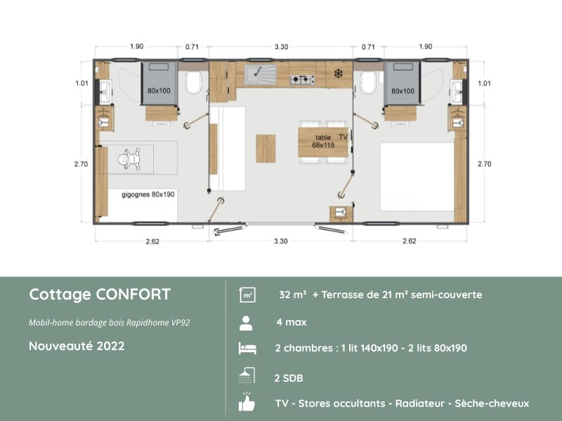 Plan du Cottage CONFORT au Domaine de Mesqueau, 2 chambres, 2 salles de bains, h&eacute;bergement fonctionnel pour 4 personnes, &eacute;quipements modernes en Bretagne