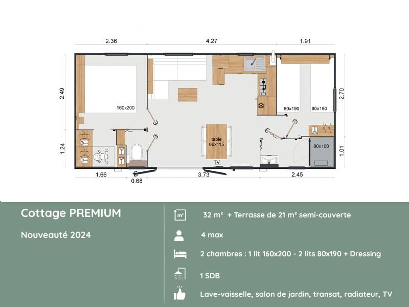 Plan du Cottage PREMIUM 2 chambres 4 personne + lave-vaisselle au Domaine de Mesqueau