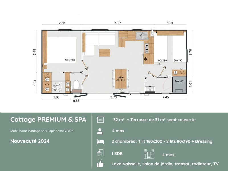 Plan du Cottage PREMIUM avec SPA au Domaine de Mesqueau, 2 chambres avec dressing, lave-vaisselle, équipements modernes, hébergement premium pour 4 personnes en Bretagne