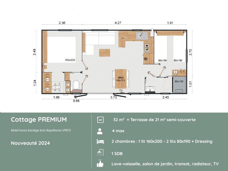 Plan du Cottage PREMIUM au Domaine de Mesqueau, 2 chambres avec dressing pouvant servir d&rsquo;espace b&eacute;b&eacute;, lave-vaisselle, h&eacute;bergement premium pour 4 personnes en village pi&eacute;ton