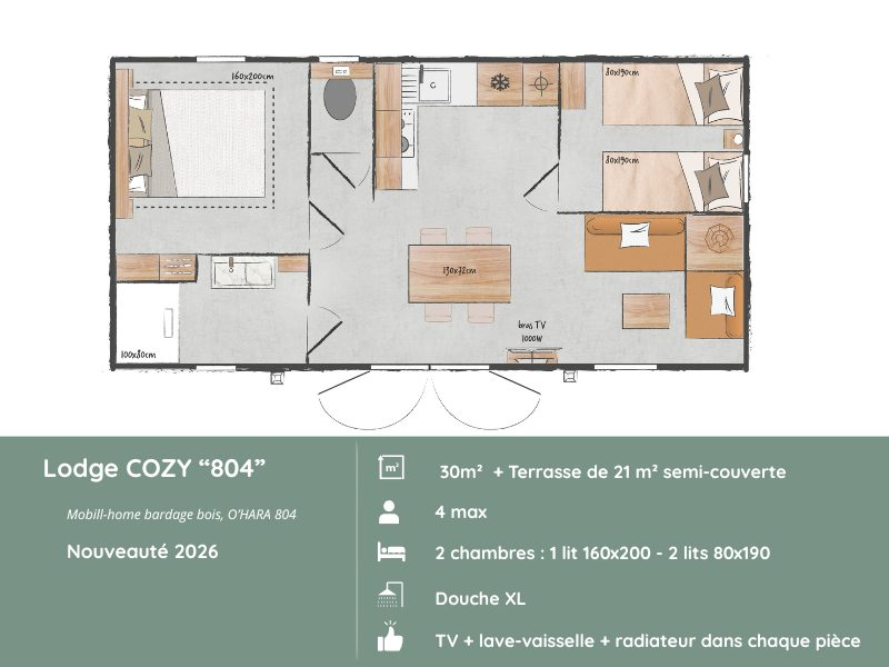 Plan du Lodge COZY &laquo; 804 &raquo;, mobil-home avec 2 chambres pour 4 personnes, espaces optimis&eacute;s, &eacute;quipements modernes et confort optimal pour un s&eacute;jour en Bretagne, proche de la mer.