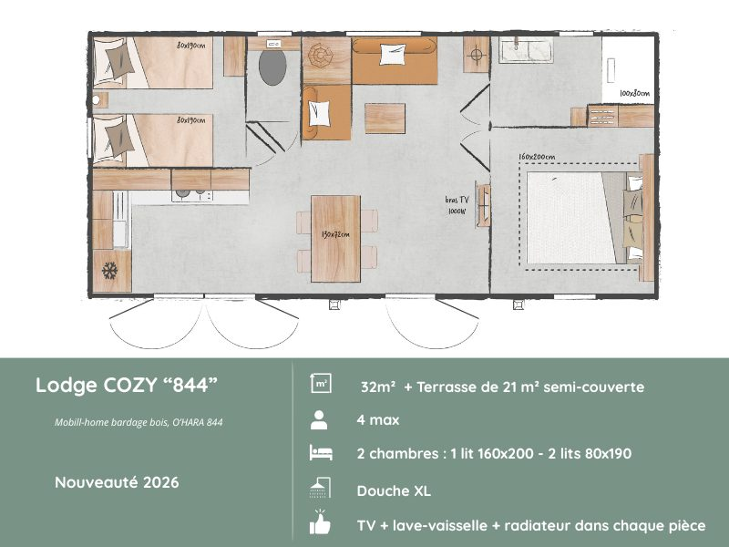 Visualisez l’agencement du Lodge COZY « 844 », un mobil-home confortable et bien structuré avec 2 chambres, idéal pour accueillir jusqu’à 4 personnes dans un environnement calme, au sein d’un parc arboré et d’une nature préservée.