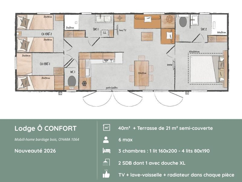 Plan d&eacute;taill&eacute; du Lodge &Ocirc; CONFORT, mobil-home premium pour 6 personnes avec 3 chambres ind&eacute;pendantes, 2 salles de bains, &eacute;quipements modernes et espaces optimis&eacute;s pour un s&eacute;jour confortable en Bretagne, proche de la mer.