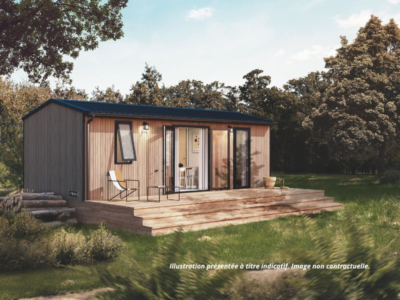 Lodge &Ocirc; - c&ocirc;t&eacute; salon -moderne en bois avec terrasse couverte, h&eacute;bergement tout confort pour 4 personnes au camping &agrave; Mesqueau