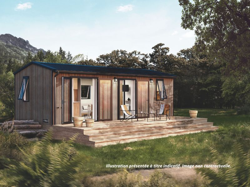 Lodge Ô – Côté Cuisine avec terrasse couverte, cuisine ouverte et grandes baies vitrées au Camping Mesqueau