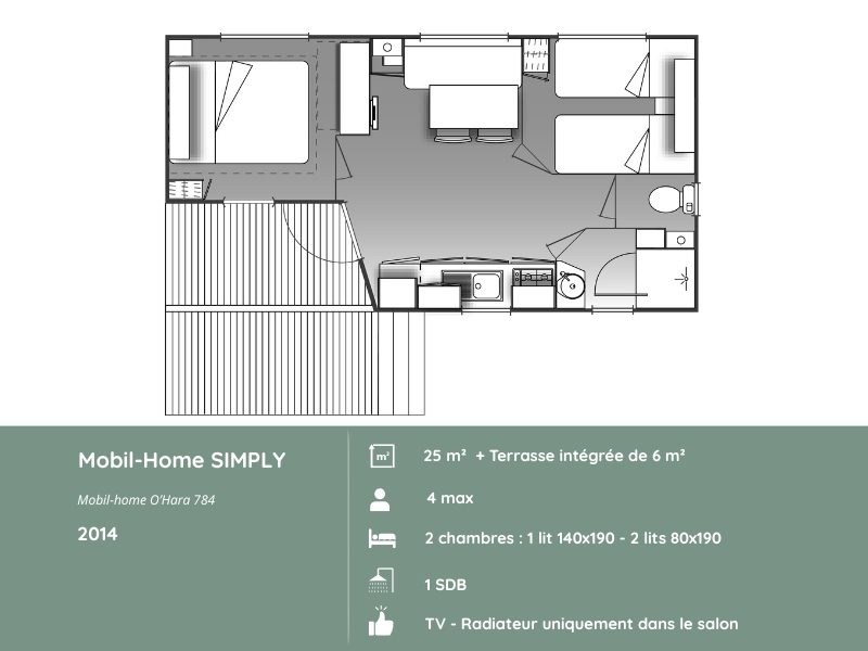Plan du mobil-home SIMPLY 2 chambres au Domaine de Mesqueau, h&eacute;bergement pour 4 personnes, am&eacute;nagement familial en Bretagne