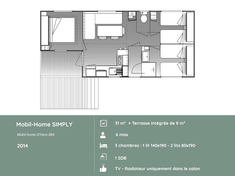 Plan du mobil-home SIMPLY 3 chambres au Domaine de Mesqueau, hébergement fonctionnel pour 6 personnes, aménagement simple en Bretagne