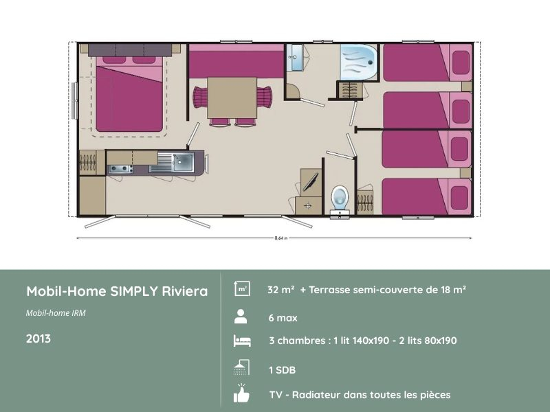 Plan du mobil-home SIMPLY RIVIERA 3 chambres au Domaine de Mesqueau, hébergement pour 6 personnes, aménagement familial en Bretagne