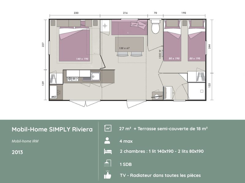 Plan du mobil-home SIMPLY RIVIERA 2 chambres au Domaine de Mesqueau, hébergement pour 4 personnes, aménagement fonctionnel en Bretagne