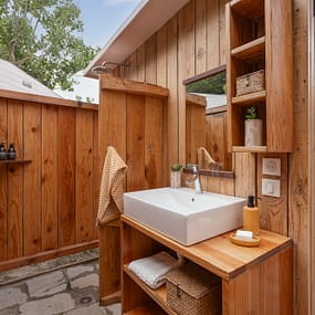 Camping Beauregard Plage - Tente Lodge Bohème - Outdoor sanitary areas with sink, toilet and shower