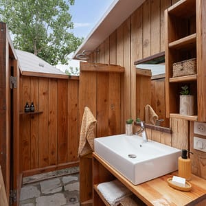 Campingplatz Beauregard Plage - Stellplatz „Luxe Caban O“ - Sanitäranlage mit Dusche und Waschbecken