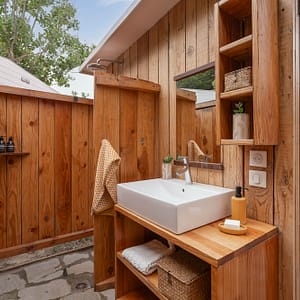 Camping Beauregard Plage - Lodgetent Bohème - Buitensanitair met wastafel, toilet en douche