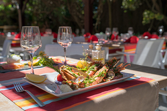 Le Brasilia campsite, place du village square, restaurant facilities, seafood platter