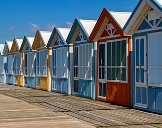 Domaine de Drancourt - Baie de Somme - Cayeux-sur-mer. Cabines de plage à Cayeux-sur-mer. Picardie. Somme. Hauts-de-France
