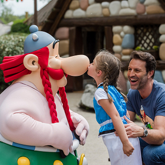 Petite fille faisant un bisous à Obélix - Parc Astérix - Paris