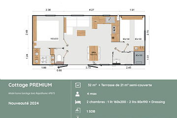 Plan du Cottage PREMIUM au Domaine de Mesqueau, 2 chambres avec dressing pouvant servir d&rsquo;espace b&eacute;b&eacute;, lave-vaisselle, h&eacute;bergement premium pour 4 personnes en village pi&eacute;ton