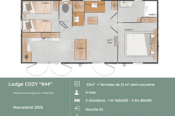 Visualisez l’agencement du Lodge COZY « 844 », un mobil-home confortable et bien structuré avec 2 chambres, idéal pour accueillir jusqu’à 4 personnes dans un environnement calme, au sein d’un parc arboré et d’une nature préservée.
