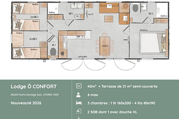Plan d&eacute;taill&eacute; du Lodge &Ocirc; CONFORT, mobil-home premium pour 6 personnes avec 3 chambres ind&eacute;pendantes, 2 salles de bains, &eacute;quipements modernes et espaces optimis&eacute;s pour un s&eacute;jour confortable en Bretagne, proche de la mer.
