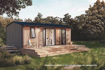 Lodge &Ocirc; - c&ocirc;t&eacute; salon -moderne en bois avec terrasse couverte, h&eacute;bergement tout confort pour 4 personnes au camping &agrave; Mesqueau
