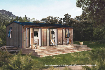 Lodge Ô – Côté Cuisine avec terrasse couverte, cuisine ouverte et grandes baies vitrées au Camping Mesqueau