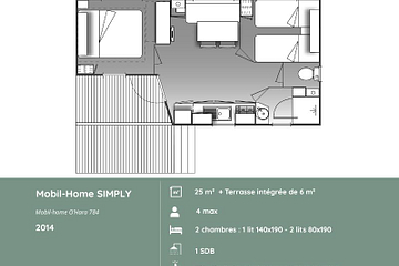 Plan du mobil-home SIMPLY 2 chambres au Domaine de Mesqueau, h&eacute;bergement pour 4 personnes, am&eacute;nagement familial en Bretagne