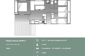 Plan du mobil-home SIMPLY 3 chambres au Domaine de Mesqueau, hébergement fonctionnel pour 6 personnes, aménagement simple en Bretagne
