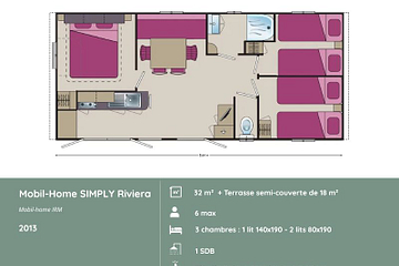 Plan du mobil-home SIMPLY RIVIERA 3 chambres au Domaine de Mesqueau, hébergement pour 6 personnes, aménagement familial en Bretagne