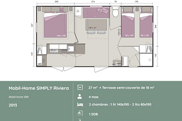 Plan du mobil-home SIMPLY RIVIERA 2 chambres au Domaine de Mesqueau, hébergement pour 4 personnes, aménagement fonctionnel en Bretagne