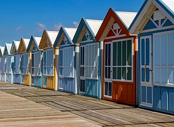 Domaine de Drancourt - Baie de Somme - Cayeux-sur-mer. Cabines de plage à Cayeux-sur-mer. Picardie. Somme. Hauts-de-France