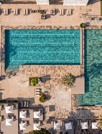 Campingplatz Le Brasilia, der Aquapark L‘Archipel, Schwimmbecken, Luftaufnahme
