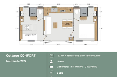 Plan du Cottage CONFORT 2 chambres + 2 salles de bain  au Domaine de Mesqueau 