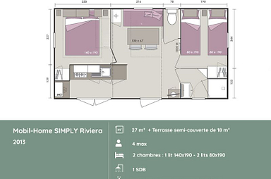 Plan du mobil-home SIMPLY Riviera 2 chambres au Domaine de Mesqueau