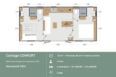 Plan du Cottage CONFORT au Domaine de Mesqueau, 2 chambres, 2 salles de bains, h&eacute;bergement fonctionnel pour 4 personnes, &eacute;quipements modernes en Bretagne