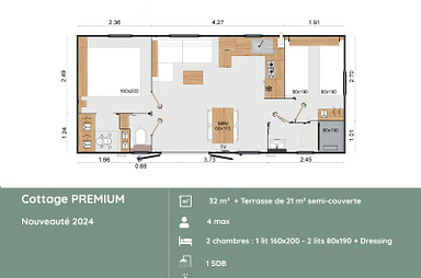 Plan du Cottage PREMIUM 2 chambres 4 personne + lave-vaisselle au Domaine de Mesqueau