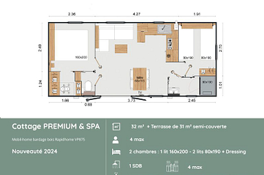 Plan du Cottage PREMIUM avec SPA au Domaine de Mesqueau, 2 chambres avec dressing, lave-vaisselle, équipements modernes, hébergement premium pour 4 personnes en Bretagne