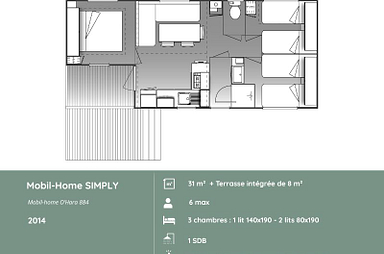 Plan du mobil-home SIMPLY 3 chambres au Domaine de Mesqueau, hébergement fonctionnel pour 6 personnes, aménagement simple en Bretagne