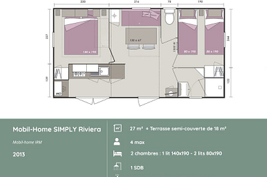 Plan du mobil-home SIMPLY RIVIERA 2 chambres au Domaine de Mesqueau, hébergement pour 4 personnes, aménagement fonctionnel en Bretagne