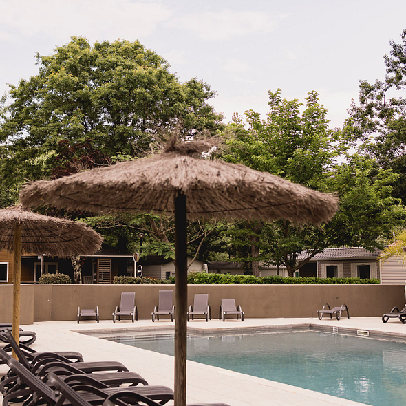 Camping Zelaia - La piscine - Transats et parasols en bord de piscine