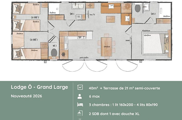 Plan du Nouveau Lodge Ô Grand Large 2026 – hébergement familial haut de gamme au camping Mesqueau