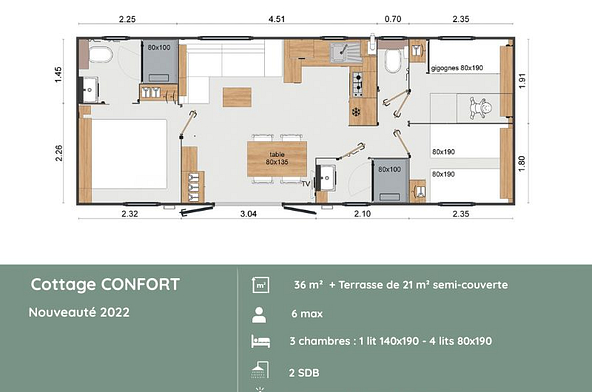 Plan du Cottage CONFORT 3 chambres + 2 salles de bains au Domaine de Mesqueau