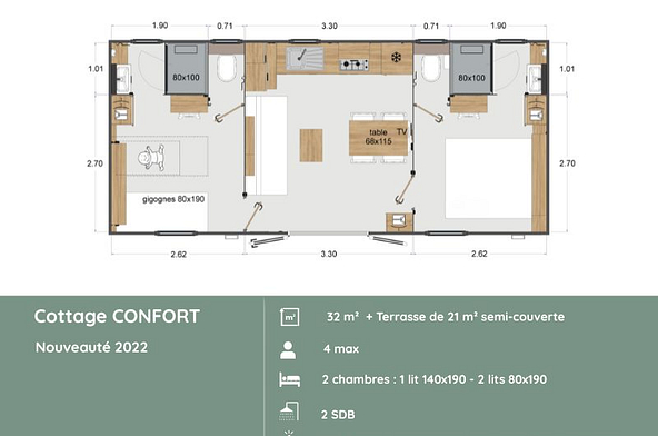 Plan du Cottage CONFORT 2 chambres + 2 salles de bain au Domaine de Mesqueau