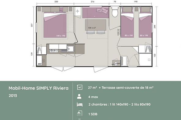 Plan du mobil-home SIMPLY Riviera 2 chambres au Domaine de Mesqueau