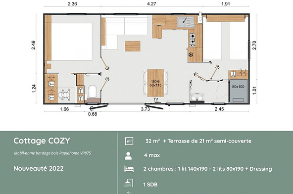 Plan du Cottage COZY au Domaine de Mesqueau, 2 chambres avec dressing pouvant servir d&rsquo;espace b&eacute;b&eacute;, h&eacute;bergement fonctionnel pour 4 personnes en Bretagne