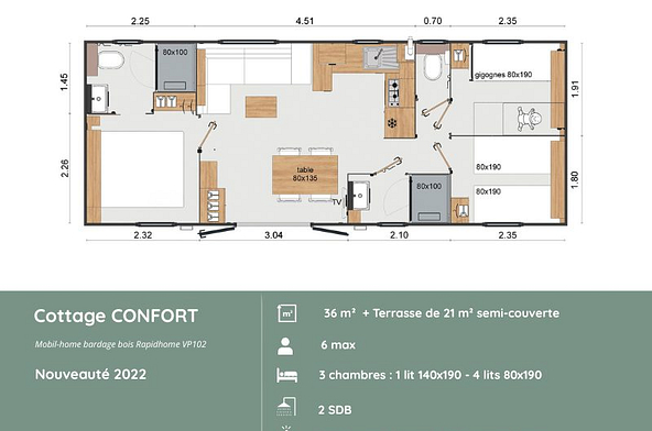 Plan du Cottage CONFORT au Domaine de Mesqueau, 3 chambres, 2 salles de bains, h&eacute;bergement fonctionnel pour 6 personnes, &eacute;quipements modernes en Bretagne